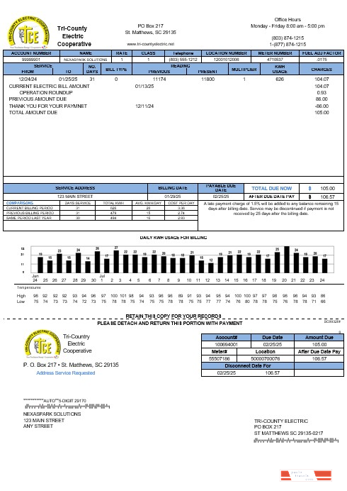 USA Tri County Electric Cooperative business utility bill template in Word and PDF formats